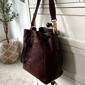Dooney & Bourke Florentine Brown Leather Hattie Drawstring Shoulder Bucket Bag